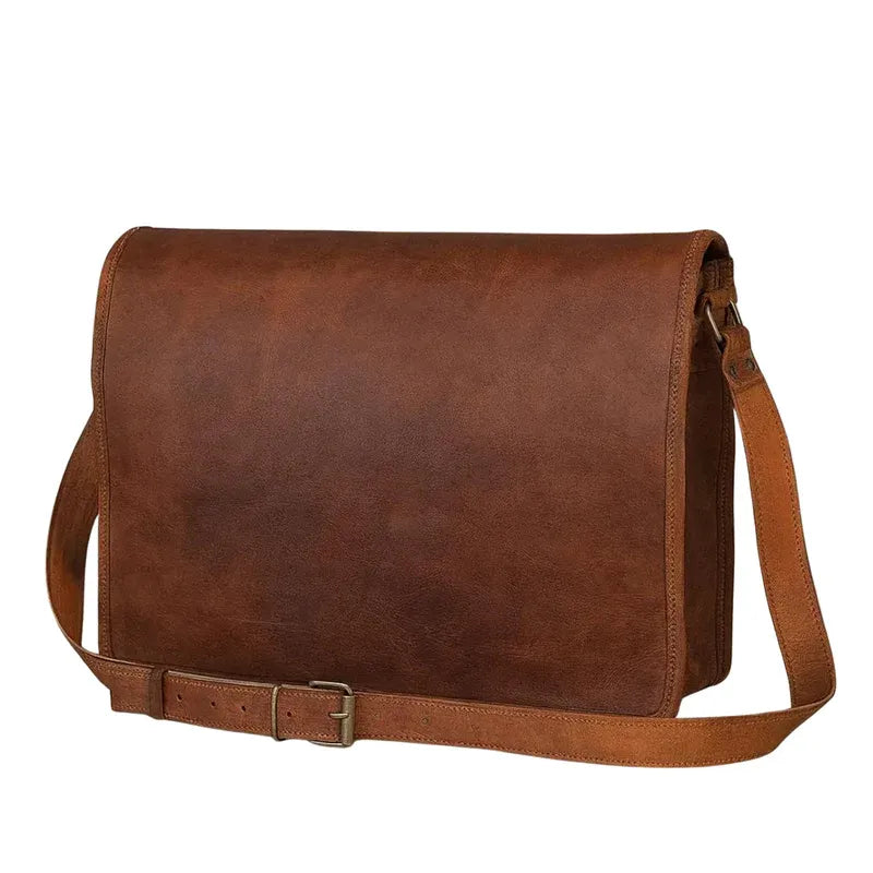 Full-Grain Distressed Leather Messenger Bag with Full Flap – 33 × 45 × 12 cm, Brown