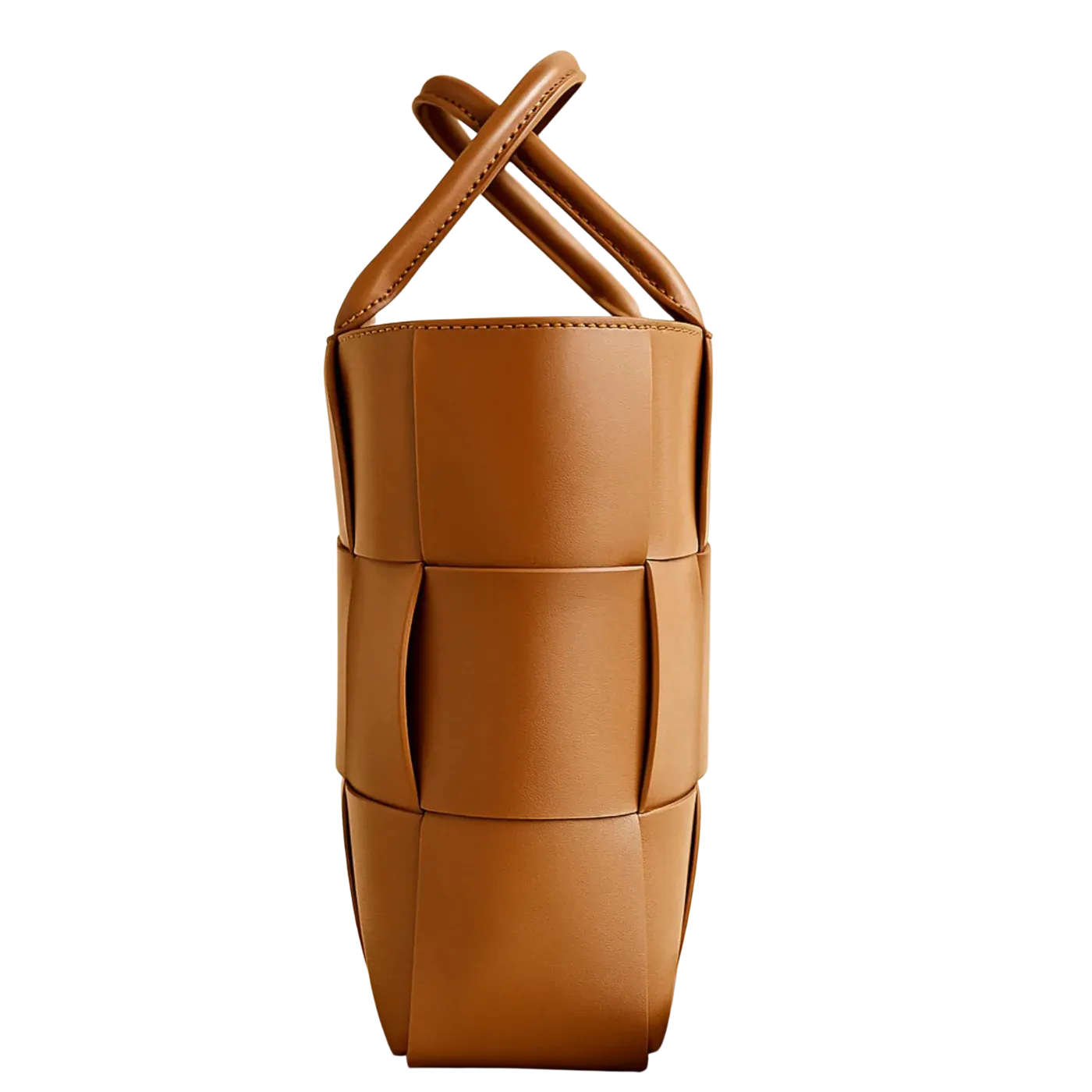 Caramel Brown Woven Cowhide Leather Handbag with Drawstring Closure